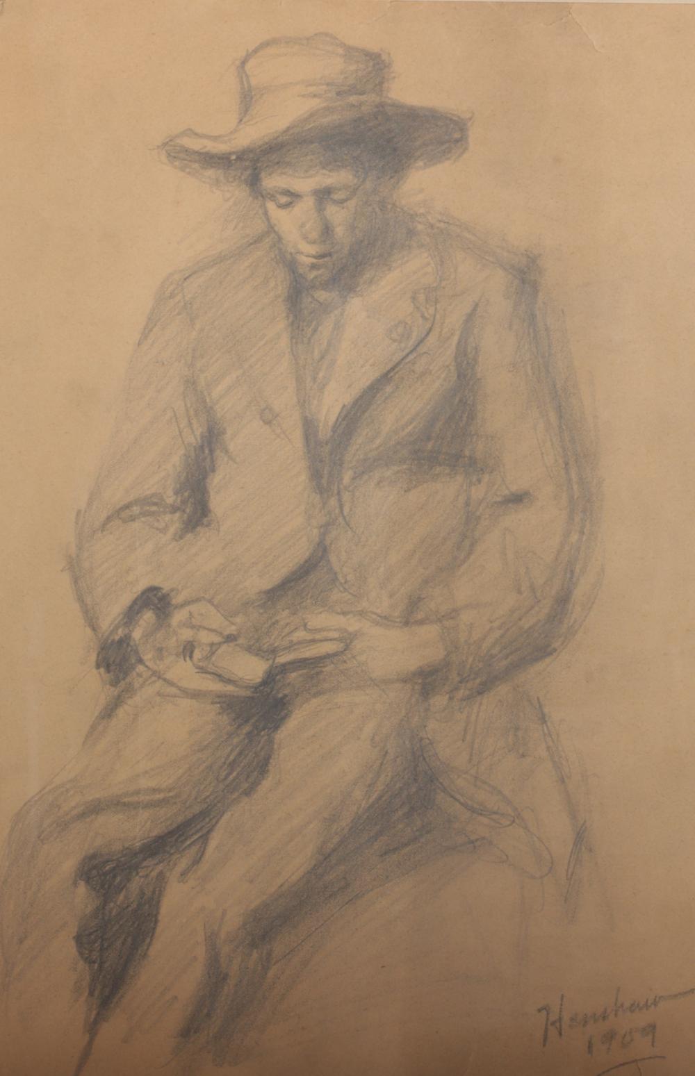 Man in a Hat Reading by Henshaw