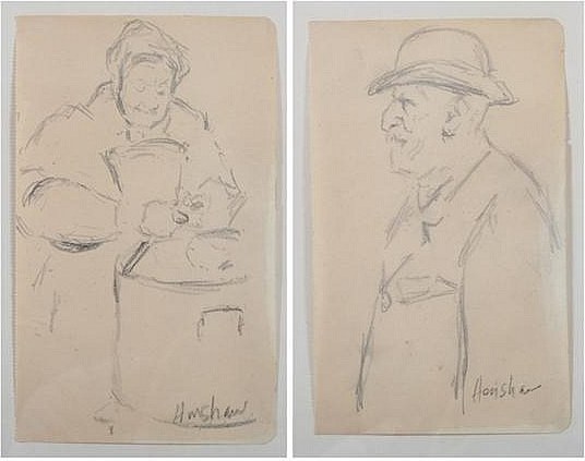 Two Sketches: Woman at a Pot and Man in a Bowler by Henshaw