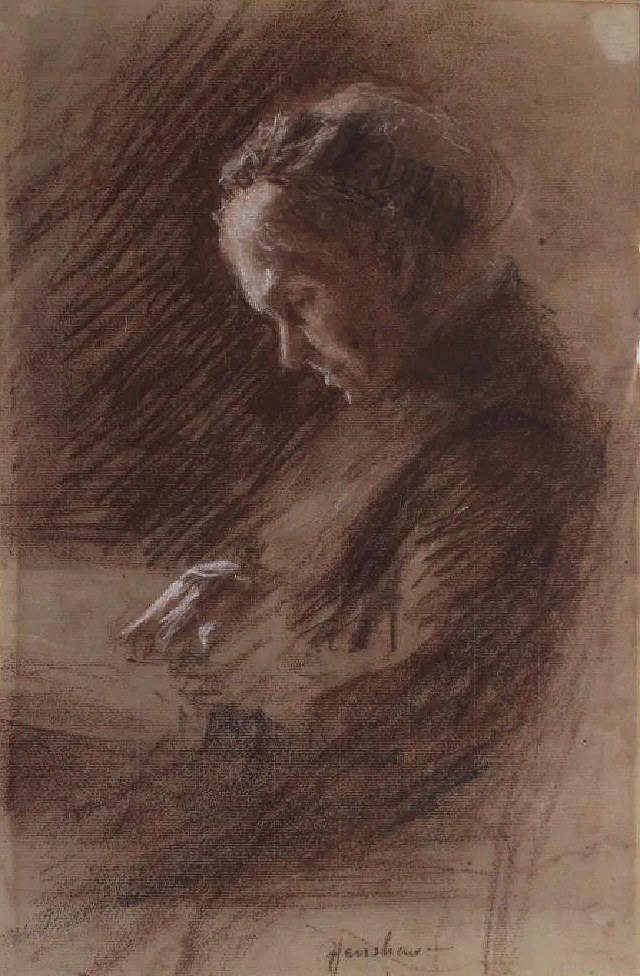 Woman Bent over Her Work by Henshaw
