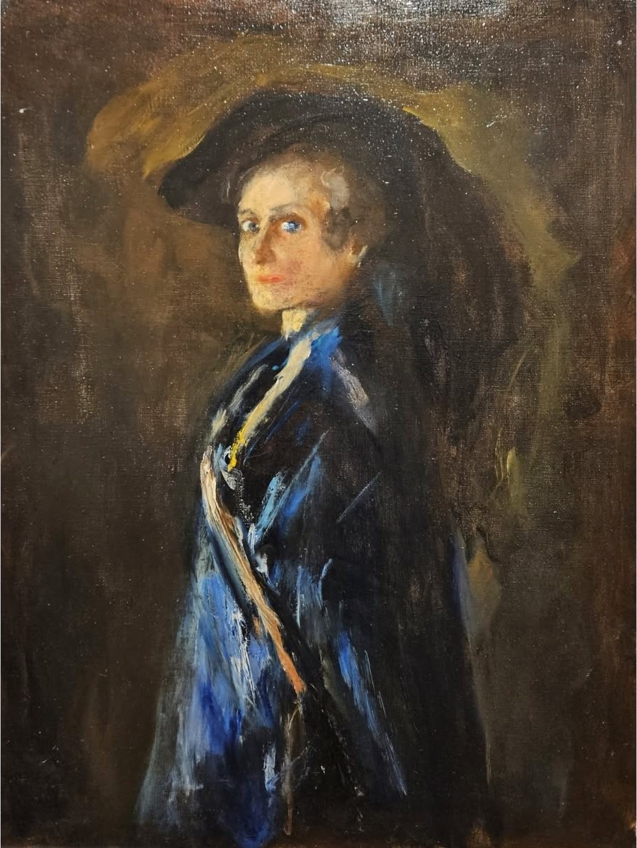 Woman in a Black Hat and Blue Wrap by Henshaw