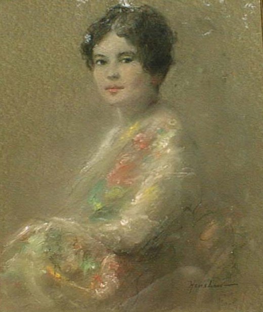 Woman with Short Dark Hair in a Floral Shawl by Henshaw