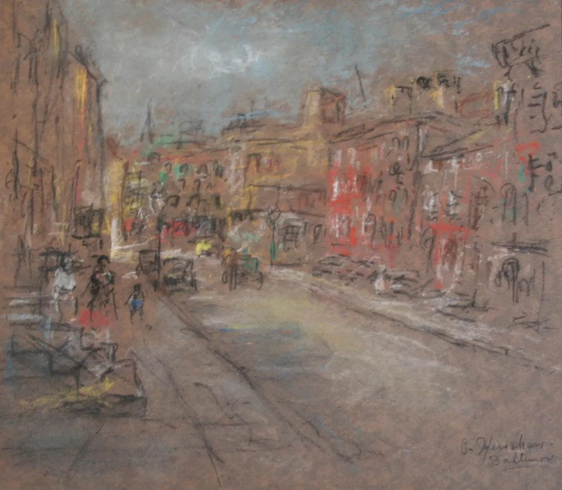 Street with Red Buildings and Motorcars, Baltimore by Henshaw