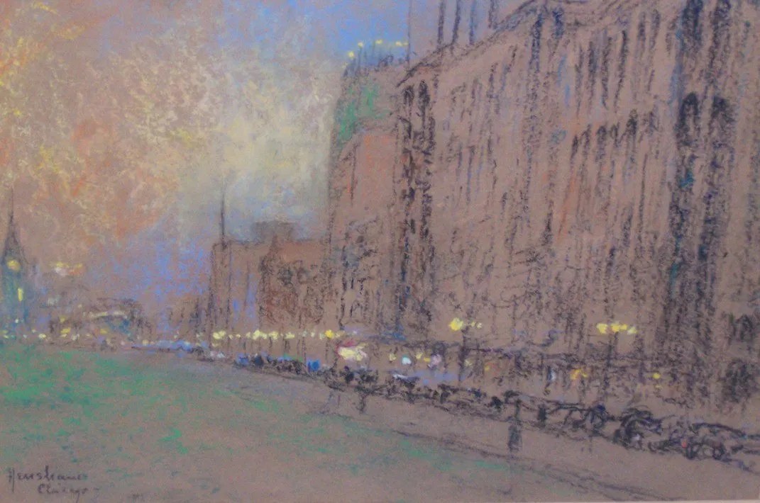 Lamplit Avenue beside a Park at Dusk, Chicago by Henshaw