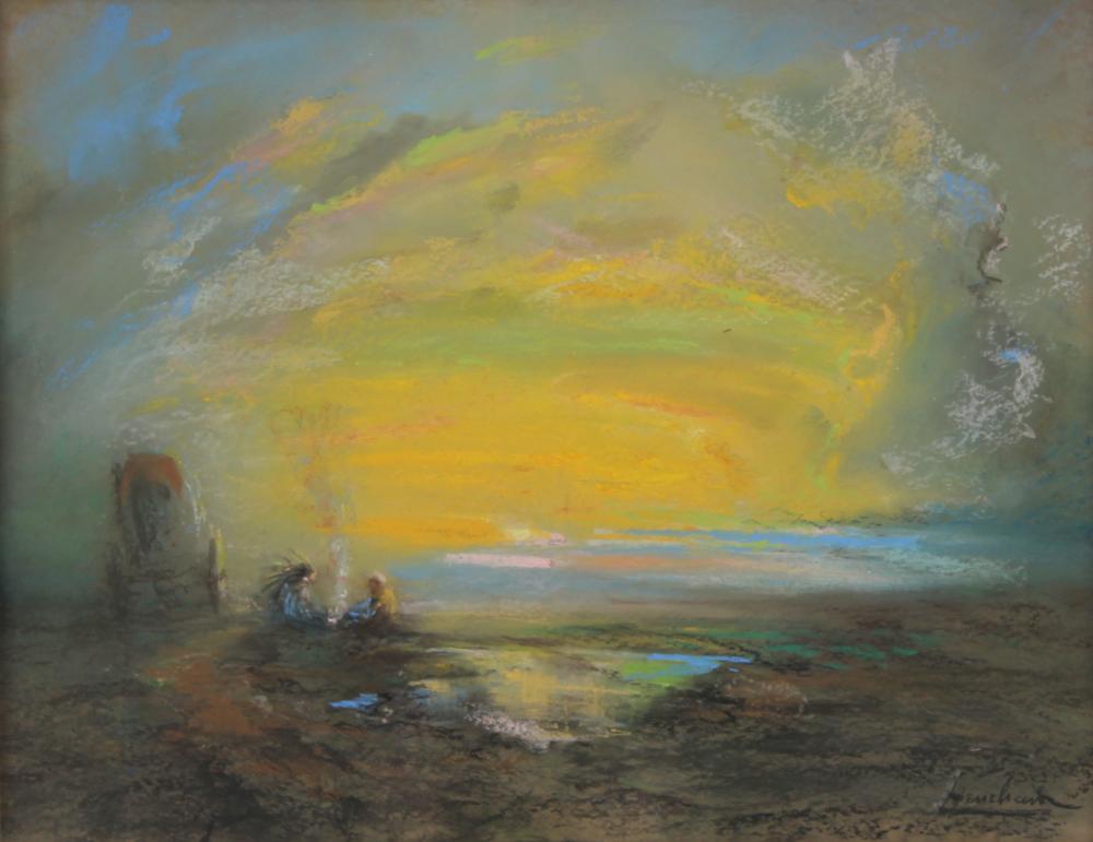 Campfire by a Covered Wagon at Sunset by Henshaw