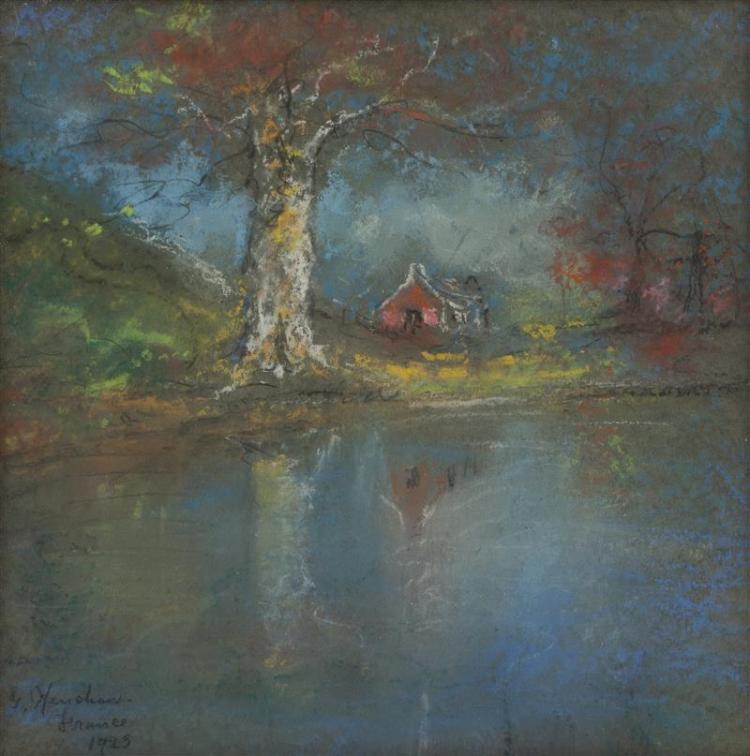 Red Cottage by an Autumn Pond by Henshaw