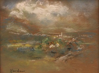 Village in a Green Valley under Storm Clouds by Henshaw