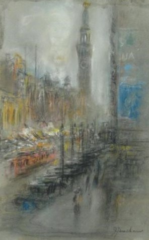 Avenue with a Clock Tower and Trolleys by Henshaw