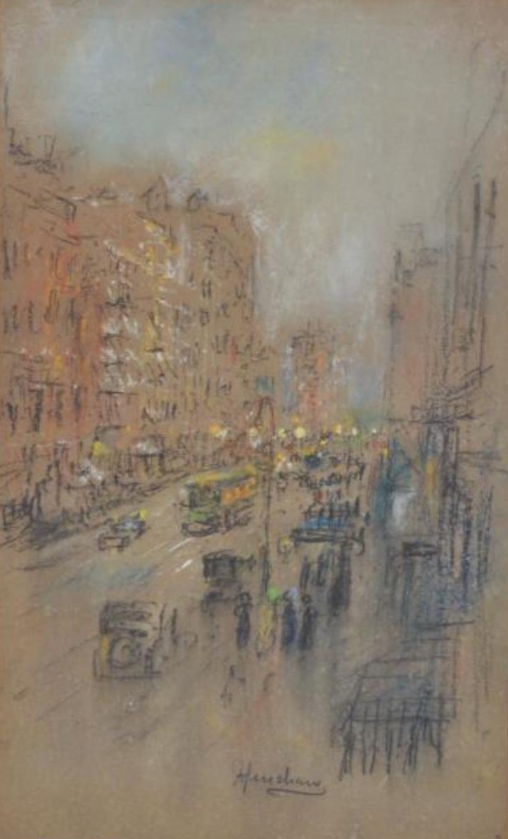 Avenue with Trolley and Motorcars by Henshaw