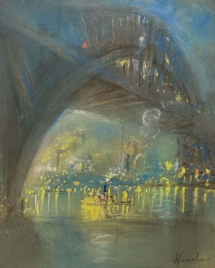 Beneath the Bridge Arch with a Lit Steamer by Henshaw