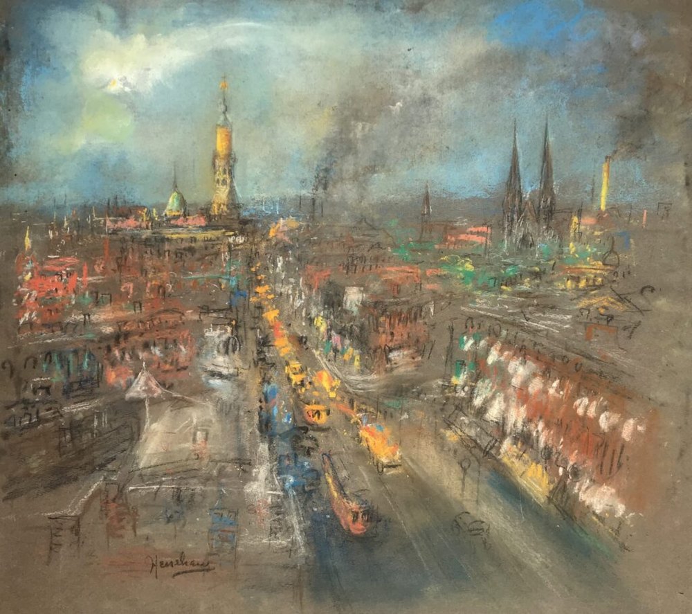 Busy Avenue from Above with Twin Cathedral Spires by Henshaw