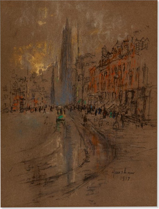 Cathedral Spire over a Busy Street by Henshaw