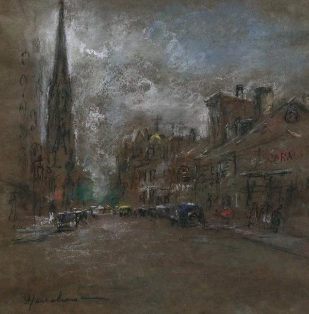 Church Spire on a Cloudy Street by Henshaw
