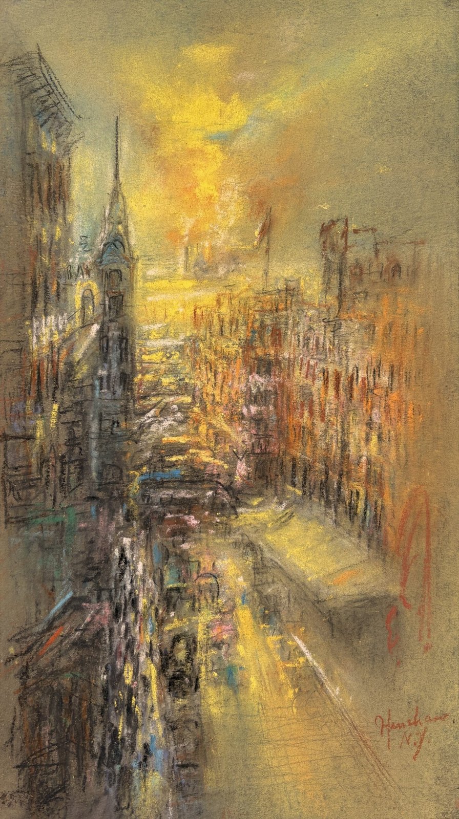 Church Spire on a Golden Street, New York by Henshaw