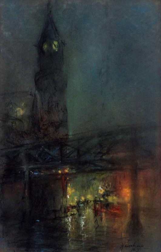 Clock Tower and Elevated at Night, New York by Henshaw