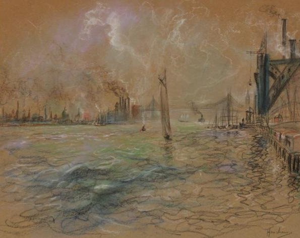 East River with Bridges and Smokestacks by Henshaw