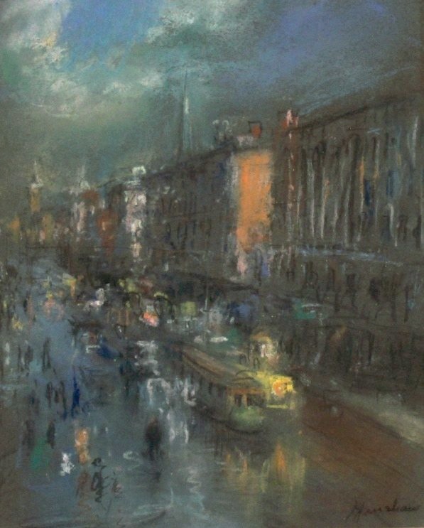 Evening Street with a Lit Trolley, New York by Henshaw