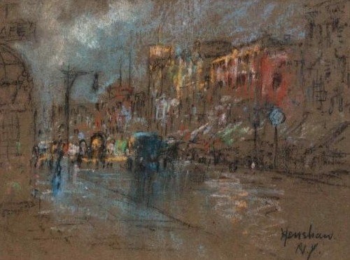 Evening Street with Lit Shops, New York by Henshaw