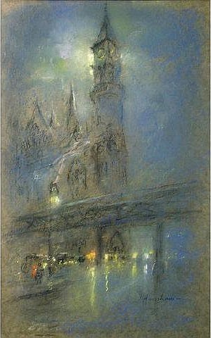 Jefferson Market Courthouse and the El at Night by Henshaw