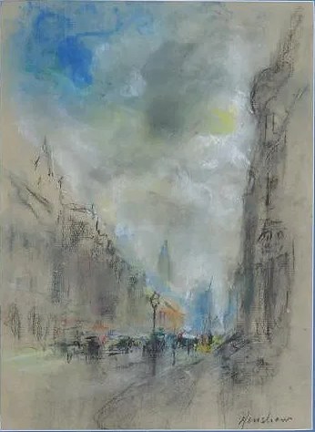 Narrow Street of Tall Buildings toward a Church Spire by Henshaw
