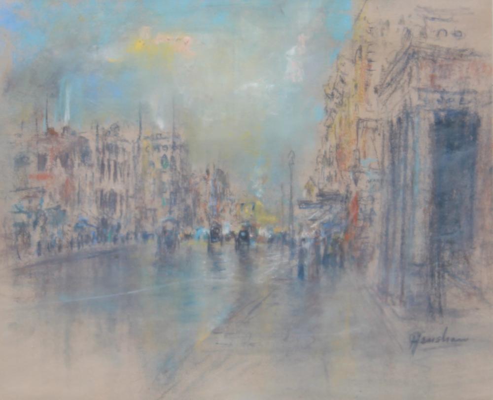 Rainy Avenue beside a Columned Portico by Henshaw