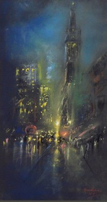 Tall Spire over a Glowing Night Street by Henshaw