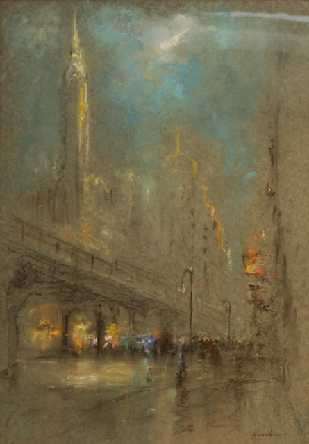 The Elevated at Dusk beneath a Stepped Spire, New York by Henshaw