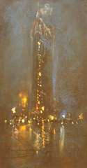Lit Tower above a Wet Street by Henshaw