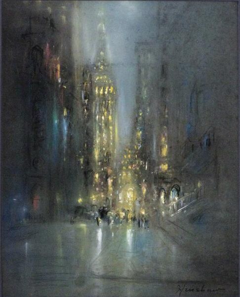 Lit Tower in the Mist by Henshaw