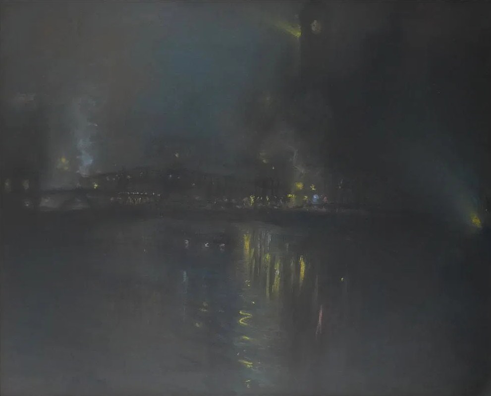 River at Night with Searchlights by Henshaw