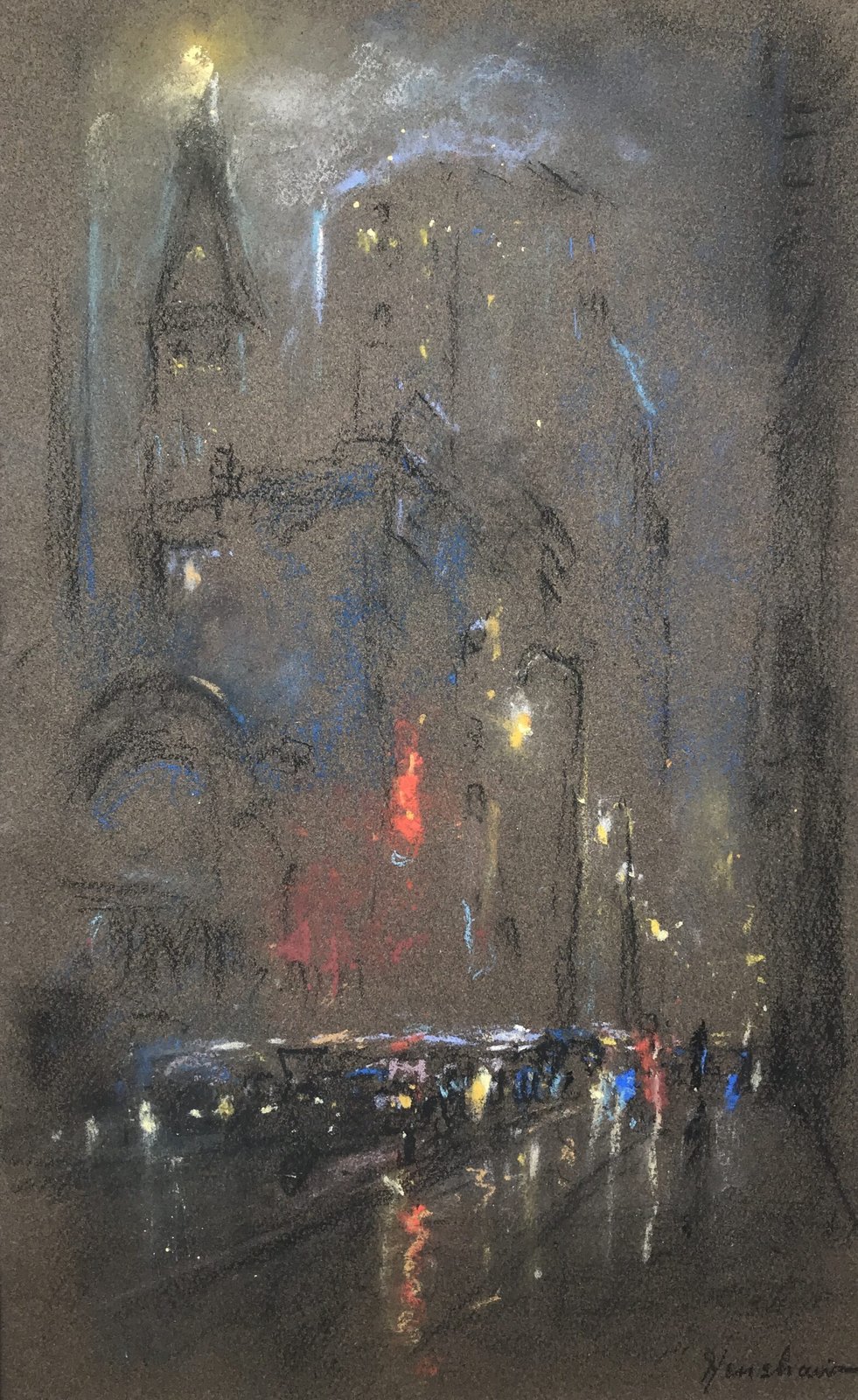 Spire and Red Lights on a Wet Night by Henshaw