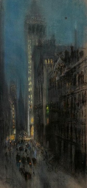 Tower above a Street at Dusk by Henshaw