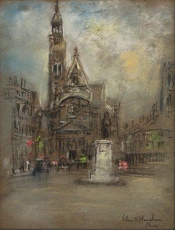 Gothic Church and Statue in a Square, Paris by Henshaw