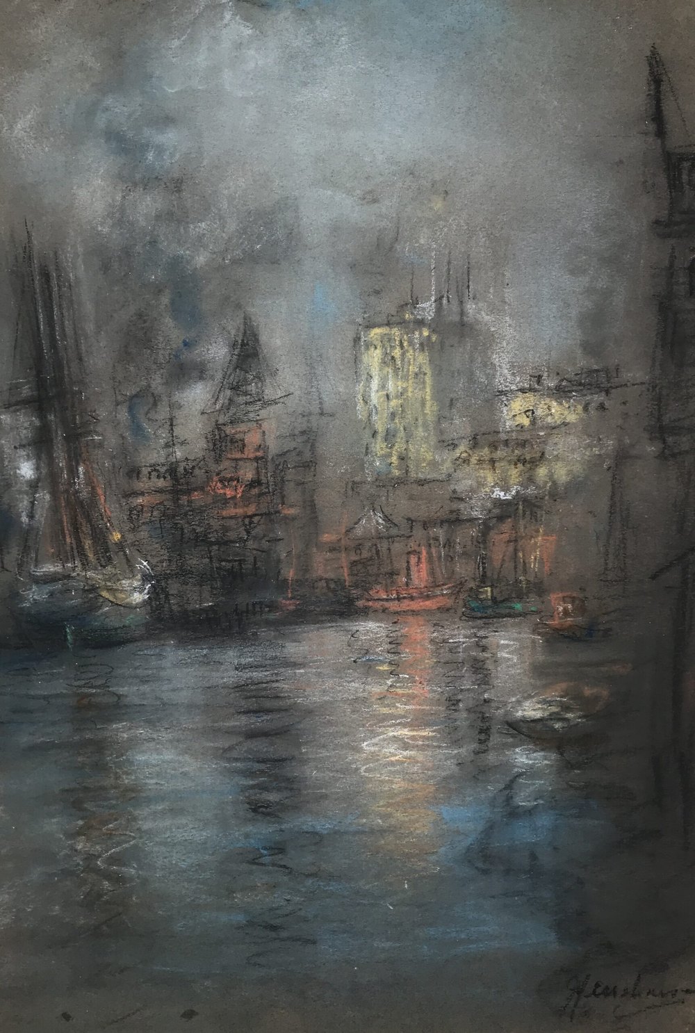 Harbor at Night with a Lit Tower by Henshaw