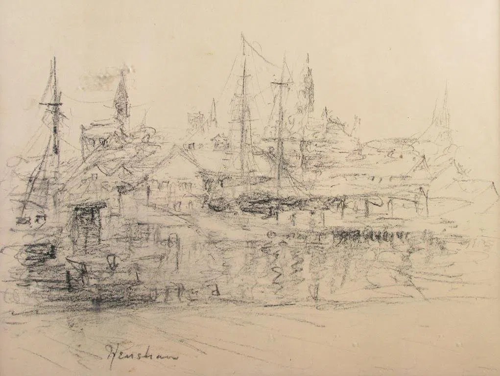 Harbor Sketch with Sailing Ships by Henshaw