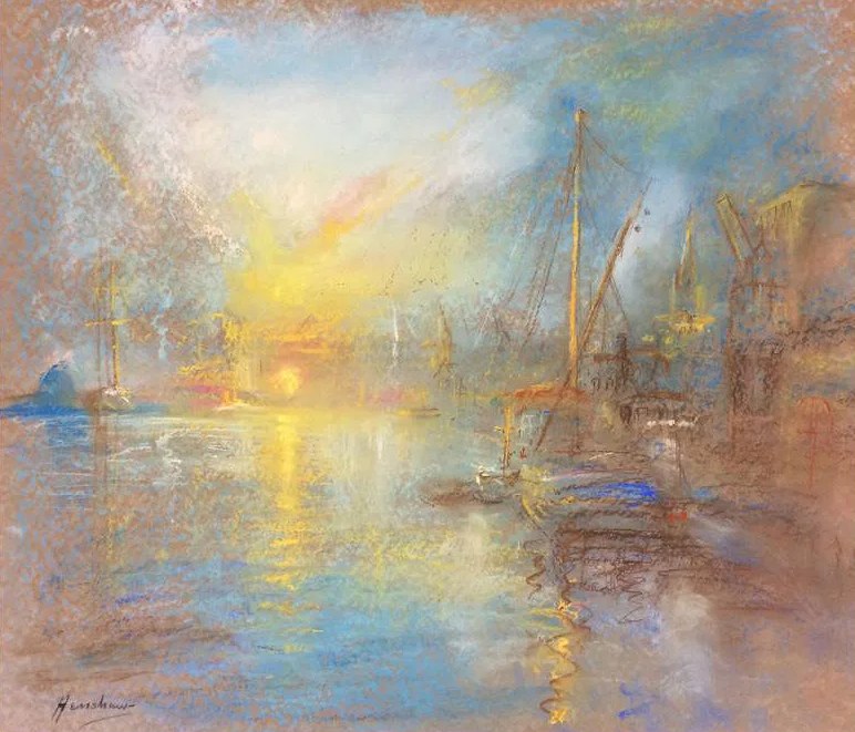 Harbor with Masts at Sunset by Henshaw