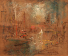 Harbor with Sailboats in a Golden Haze, Gloucester by Henshaw