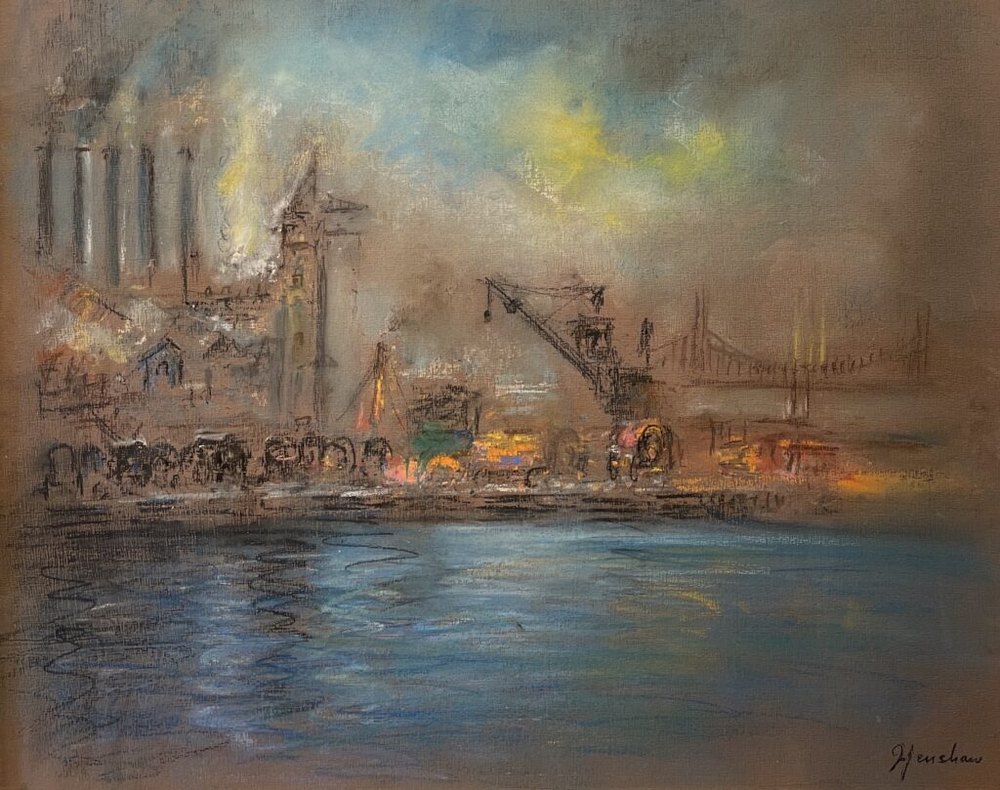 Industrial Waterfront with Cranes and a Bridge by Henshaw