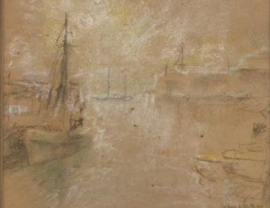 Sailboat by the Wharf in Mist by Henshaw