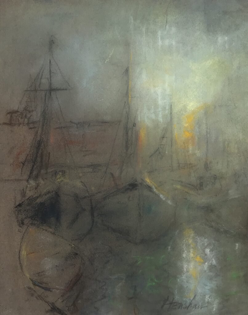 Sailboats at the Wharf in Fog by Henshaw