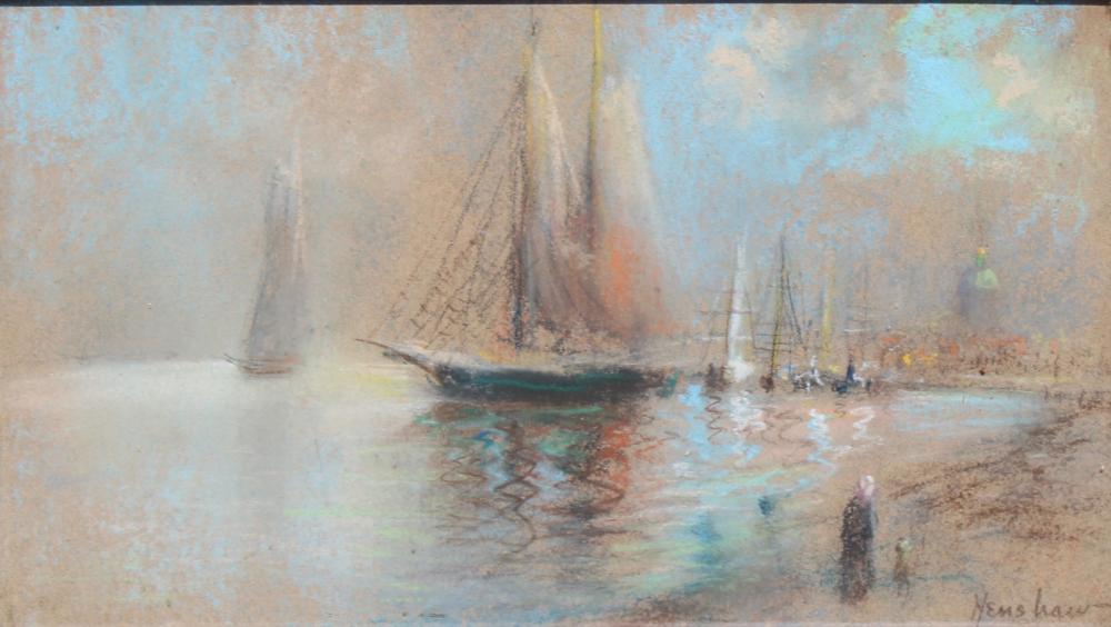 Sailboats in Fog with Figures by Henshaw