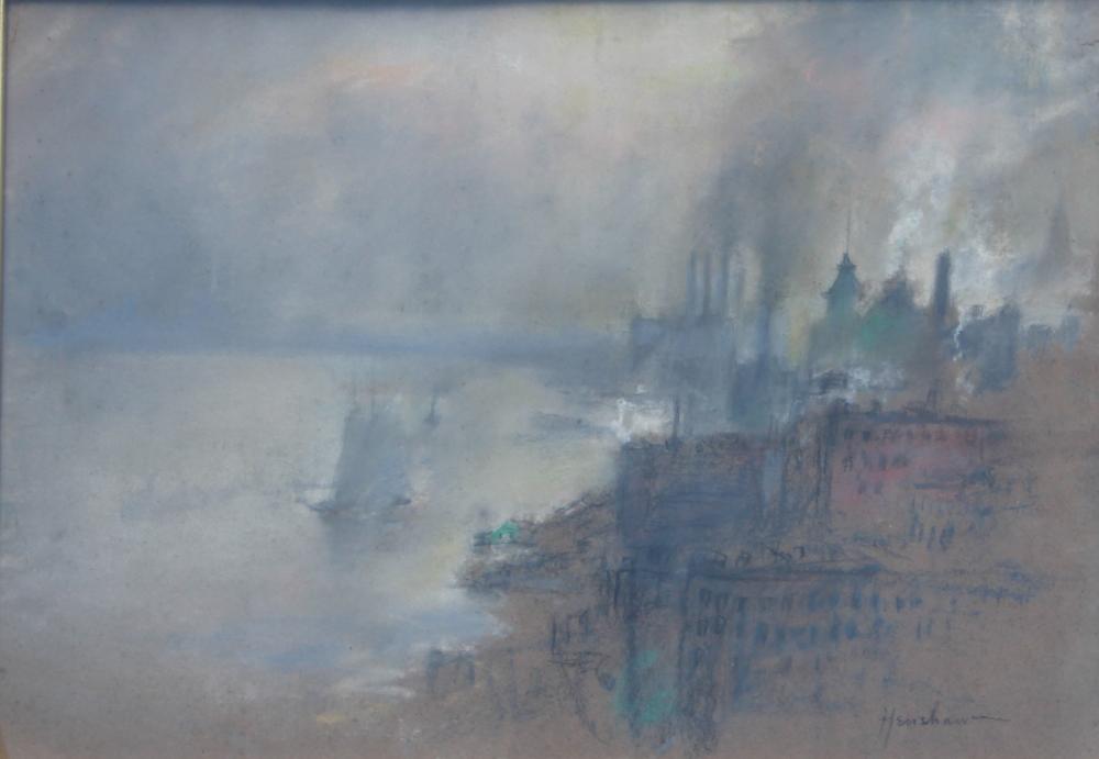 Smoky Waterfront with Sailboat by Henshaw