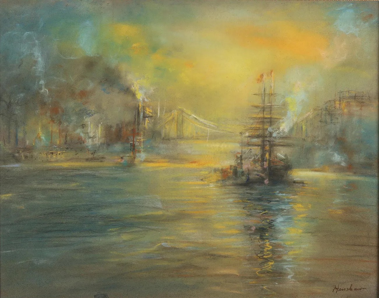 Square-Rigger in a Smoky Harbor at Dusk by Henshaw