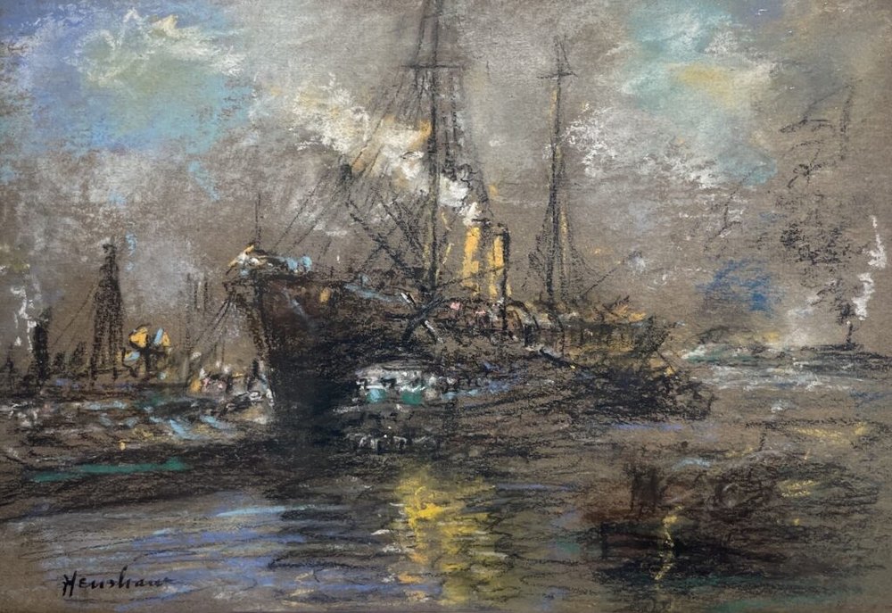 Steamship and Launch in the Harbor by Henshaw