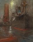 Steamship at Night beside a Red Tower by Henshaw