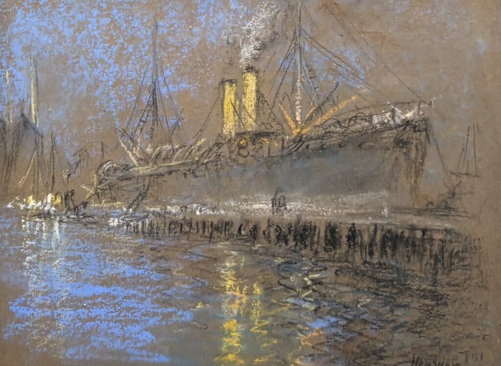 Steamship at the Pier by Night by Henshaw