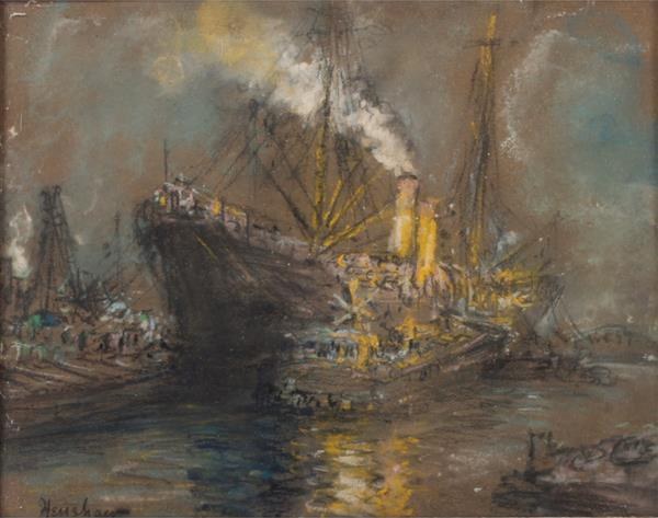 Steamship with Yellow Funnels by Henshaw