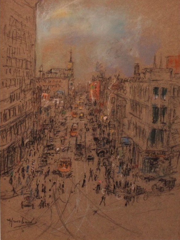 Busy Avenue with Trolleys from Above by Henshaw