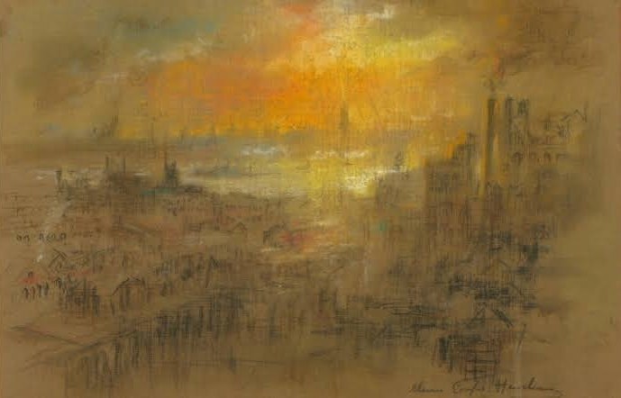 City Rooftops beneath an Orange Sunset by Henshaw