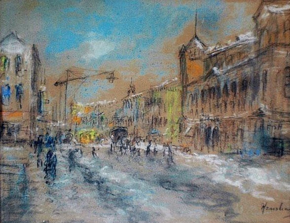 Snowy Avenue with a Hanging Street Lamp by Henshaw