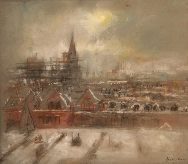 Snowy Rooftops and a Church Spire under a Pale Sun by Henshaw